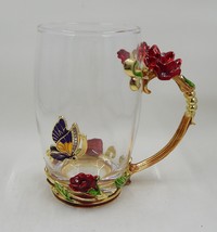 ARC Rose Butterfly Glass Coffee Tea Mug Red Enameled and Jeweled Metal Handle - £13.58 GBP