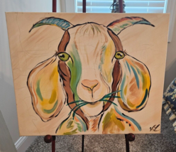Oil Painting Colorful Whimsical Goat SIGNED 16&quot; x 20 ~ Minor Damage - £15.50 GBP