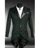 Men&#39;s Black Green Brocade Steampunk Tailcoat Victorian Vampire Goth Jacket - £70.41 GBP