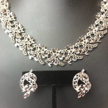 Vintage Filigree Necklace Earring Set Silver 2pc Pierced Ears Jewelry Antique  - £36.15 GBP