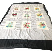 Handmade Quilt Cottagecore 68x50 Crewel Embroidered Floral Barns Scenes ... - £50.59 GBP