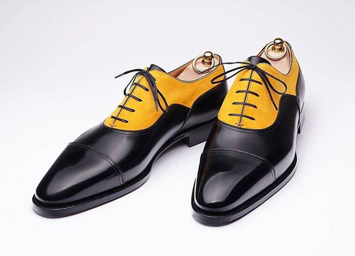 Men Two Tone Black Yellow Cont Rounded Cap Toe Derby Real Leather Shoes US 7-16