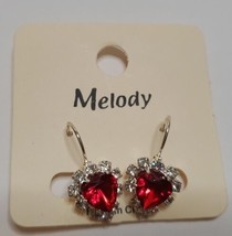 Earrings Heart Shape Faux Red Jewels Jewelry Leverback Silver Tones - $12.45