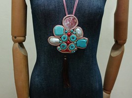 Soutache Necklace Turquoise Blue And Multi-Color Beads - £27.94 GBP