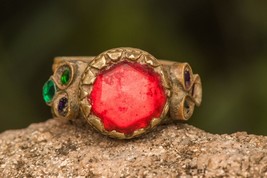 Red Kuchi Afghan Ring Vintage Jewelry Tribal Preowned Ethnic Boho Silver Hippie - £11.44 GBP
