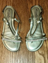 Contesa Italian Shoemakers Sandals Size 6 Gold Strappy Flat Buckle w Rhinestones - £13.25 GBP