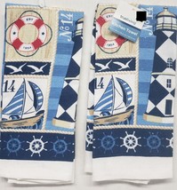 Set of 2 Same Towels (14&quot;x24&quot;) NAUTICAL, SAILBOAT, LIGHTHOUSE &amp; LIFE RIN... - £9.32 GBP