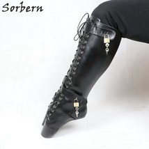 Sorbern Lockable Heelless Lace Up Med Calf Boots Women Ballet Heels Fetish Boots - £196.32 GBP