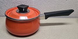 Retro Enamel Ware 2 Quart Saucepan Bright Orange Pot &amp; Lid HEAVY - $24.89
