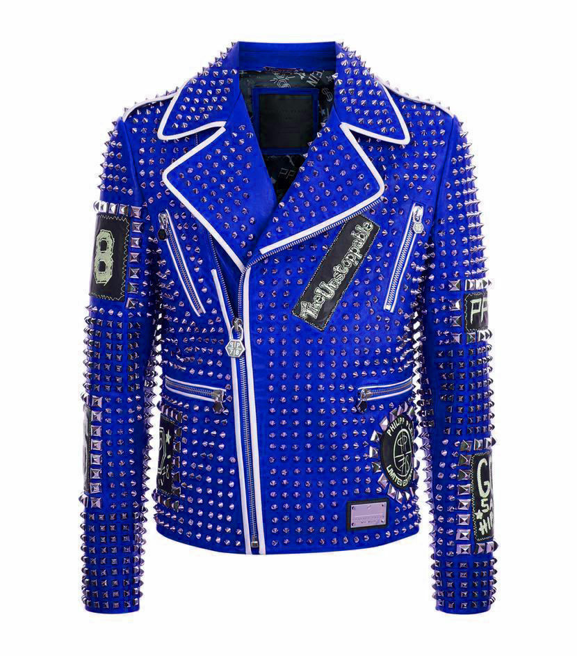 Men's PHILIPP PLEIN Leather Coat Blue Color Studded Embroidery Patches Jacket PP