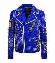 Men&#39;s PHILIPP PLEIN Leather Coat Blue Color Studded Embroidery Patches Jacket PP - $362.59