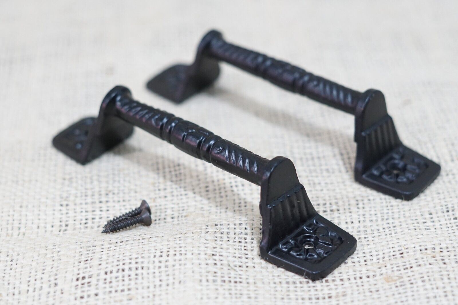 2 Cast Iron Black Barn Handle Gate Pull Shed Door Handles Fancy Drawer P... - $9.99