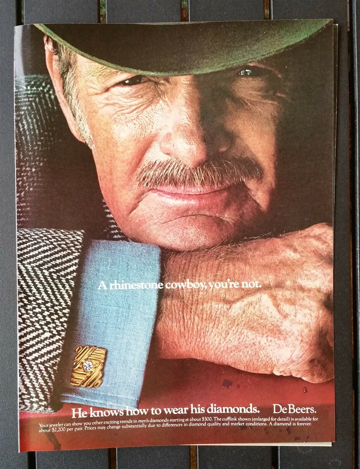 Vintage 1980 DeBeers Rhinestone Cowboy Diamond Cufflinks Full Page Original AD - $6.64
