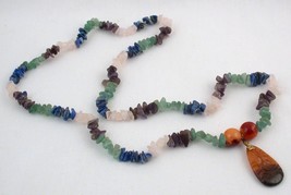 Multi-Colored Stone Chips Necklace w Brown Jade Pendant - £4.71 GBP