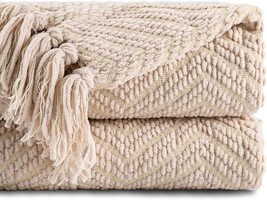 Battilo Home Beige Throw Blanket For Couch, Textured Knitted Boho, 50&quot; X 60&quot; - £33.81 GBP