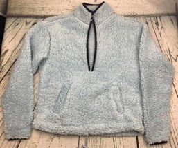 Juniors Quarter Zip Long Sleeve Sherpa Sweatshirt Baby Blue Medium Drawstring - £18.94 GBP