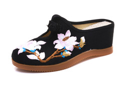 Flower Embroidered Women Canvas Mules Wedge Slippers Slip on Close Toe Elegant L - £23.71 GBP