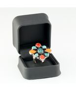 Handmade Turquoise &amp; Orange Spiny Oyster Cluster Sterling Ring Signed - $777.38