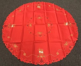 Red Christmas Embroidered 70&quot;&quot; Round Thick Fabric Embroidery Tablecloth 8 Napkin - £86.52 GBP