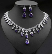 Sterling Silver Pear Cut Purple Amethyst &amp; Diamond Necklace Set 14k Wedding Wear - £531.55 GBP