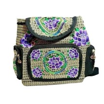 Embroidered Floral Backpack Small Zip Pockets Purple Flower Drawstring G... - $18.97