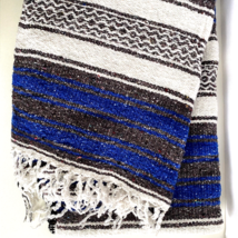 Woven Mexican Falsa Blanket Taupe Blue White Serape Yoga Throw 72x48in - £39.07 GBP