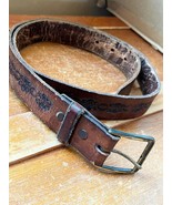 Vintage Tooled Leather Brown Leather Belt w Gold Colored Metal Buckle - ... - $11.29