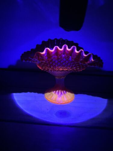 Vintage Fenton ? Amberina Diamond English Hobnail Ruffled Pedestal Dish Glows - £28.10 GBP