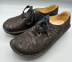 Alegria Leather Lace-Up Casual Shoes Brown Floral Lace Pattern Womens 38 - $487.98 MXN