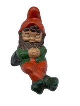 Vintage Ceramic Garden Gnome 1970s Crawling Elf Pixie Green Red 9&quot; Mystical - £31.50 GBP