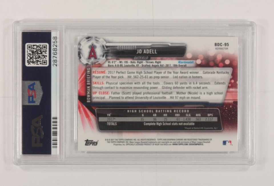 2017 Bowman Schizzi Jo Adell Cromato Battuta Rifrattori PSA 10 Gemma come Nuovo Item image 3