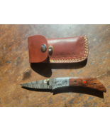 Damascus Steel C+ Logo Pocket Folding Knife 6 Inch Wood Handle w/ Sheath - $48.66 CAD