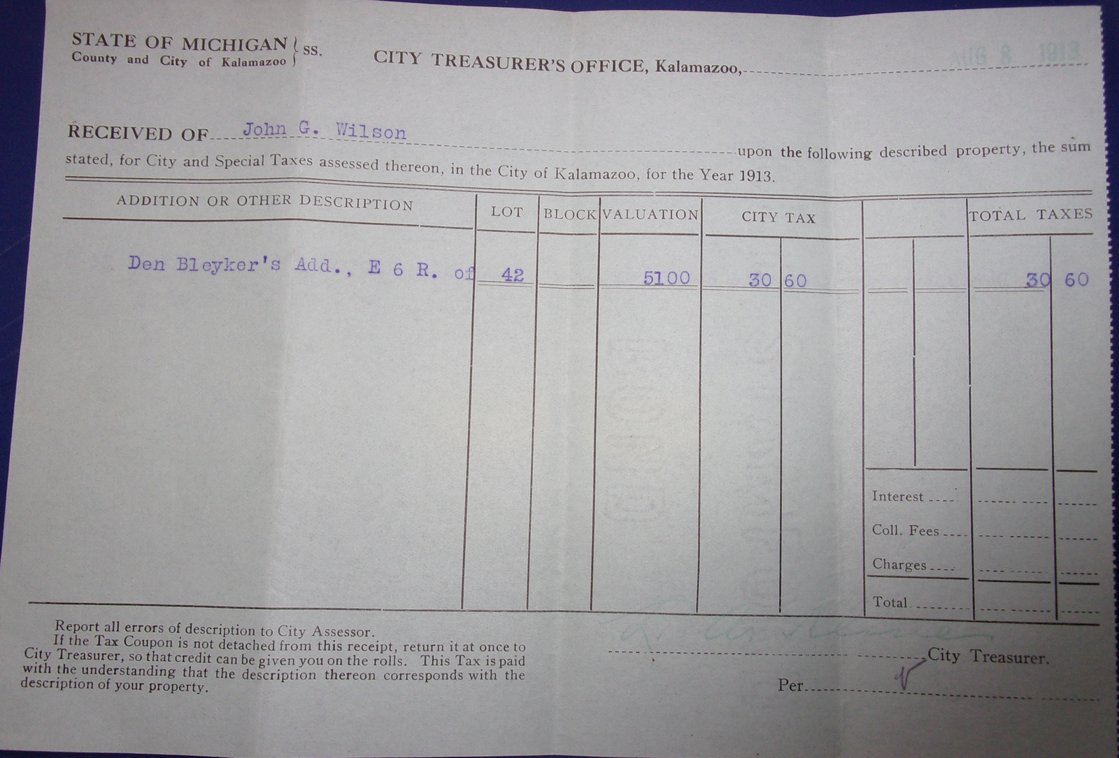 Vintage City Treasurer’s Office Kalamazoo MI Tax Bill Reicpt 1913 - $5.99