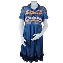 Odd Molly Silk Dress Size 3 (L) Blue Paisley Tiered Chiffon Fringe Mesh ... - $84.26