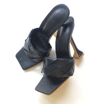 New Mules Women Slipper Summer Square Toe High Heel Ladies Sandal Weave High Qua - £39.49 GBP