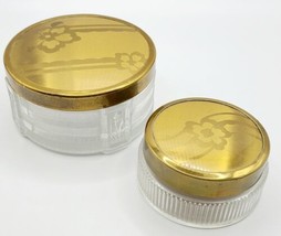 VTG Powder Jar Dish Vanity MCM Trinkets Ribbed Glass Brass Floral Set Of 2 - $16.99