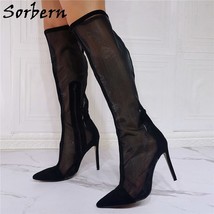 Black Transparent Mesh Boots Women Knee High Sissy Boy Stilettos High Heel Point - £184.34 GBP