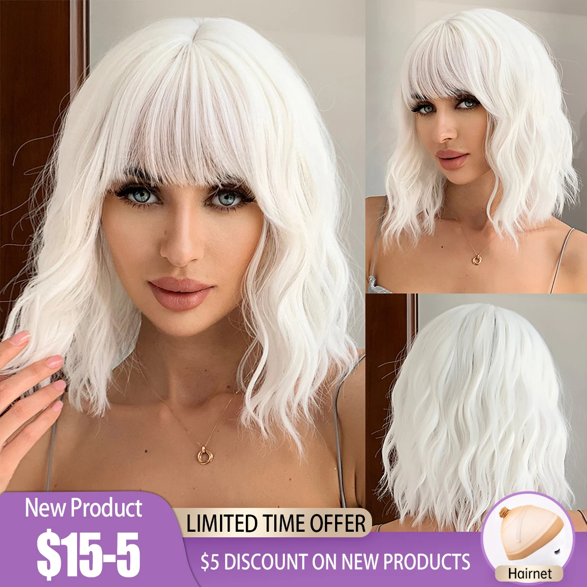 Short Ombre White Platinum Synthetic Wigs with Bangs Wavy Shoulder Length B - £43.78 GBP+