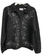Parisian Works Wool Cardigan Sweater Size M Gray Embroidered Grannycore ... - £20.34 GBP