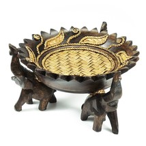 Rejoicing Elephant Leaves Carved Rain Tree Circular Wooden Tray - £23.33 GBP