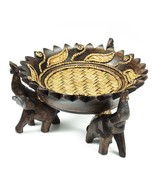 Rejoicing Elephant Leaves Carved Rain Tree Circular Wooden Tray - £23.08 GBP