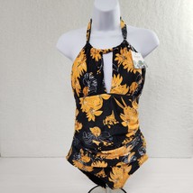 Swimsuit Full Body Women&#39;s Yellow Floral Black Medium Halter - $17.82