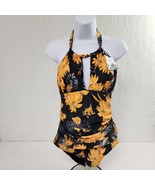 Swimsuit Full Body Women&#39;s Yellow Floral Black Medium Halter - £14.01 GBP