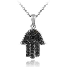 925 Sterling Silver Black Lab-Created Black Onyx Hamsa Hand Pendant Necklace 18&quot; - £21.06 GBP