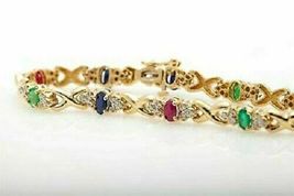 14K Yellow Gold Finish 8 Ct Oval Cut Ruby Emerald Sapphire Diamond Bracelet - £141.83 GBP