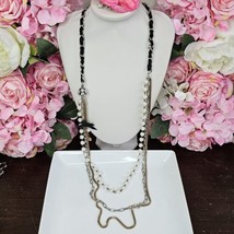 Betsey Johnson Black Ribbon Silver Tone Chain Faux Pearl Long Necklace 39&quot; - £19.57 GBP