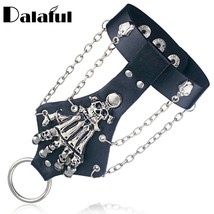 Unisex Cool Punk Rock Skeleton Hand Glove Chain Link Wristband Bangle Leather Br - £11.98 GBP