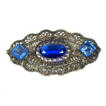 Antique Art Deco Blue Glass Filigree Brooch Pin - $42.00