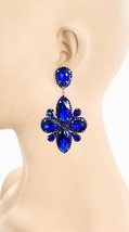 3.5&quot; L Royal Blue Glass Crystals Clip On Statement Earring Costume Jewelry - £15.18 GBP