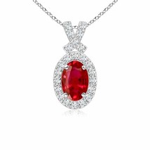 ANGARA 6x4mm Natural Ruby Pendant Necklace with Diamond Halo in 14k Solid Gold - £955.96 GBP